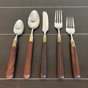 Taylor & Ng Vintage Stainless Japan Wood Handle Fork and Spoon Flatware‎ Set MCM